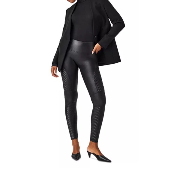 SPANX Pants - SPANX Faux Leather Moto Leggings Black Shaping Slimming‎ Stretch Womens M